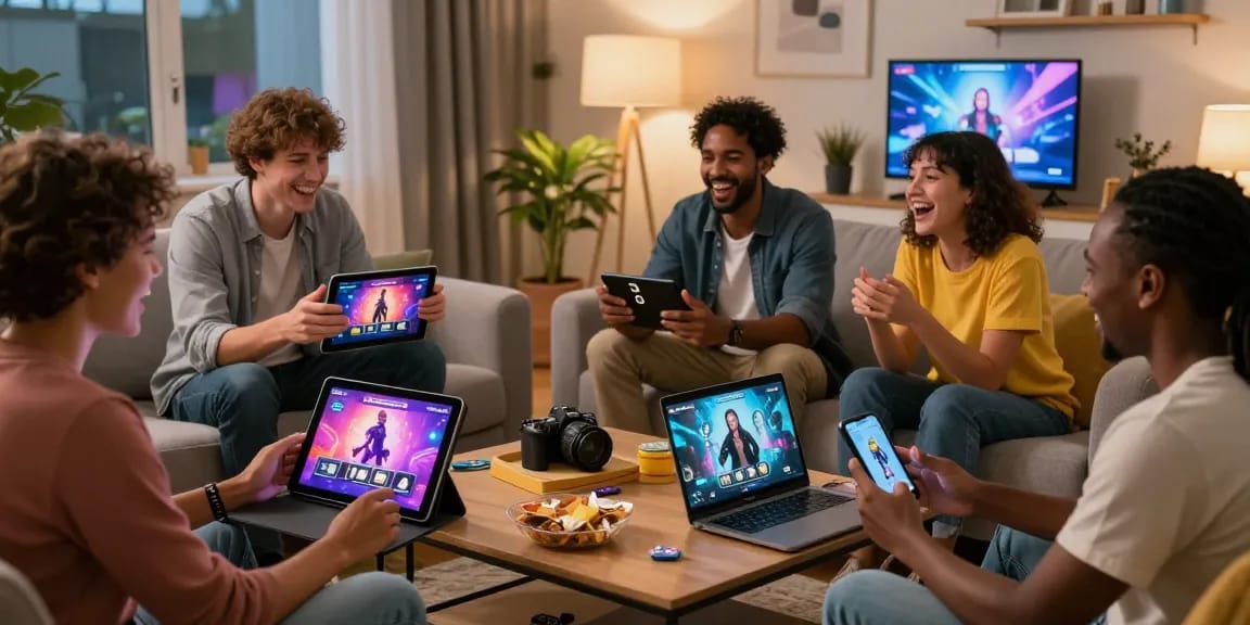 Group enjoying engaging porn games on various devices in a cozy setting.