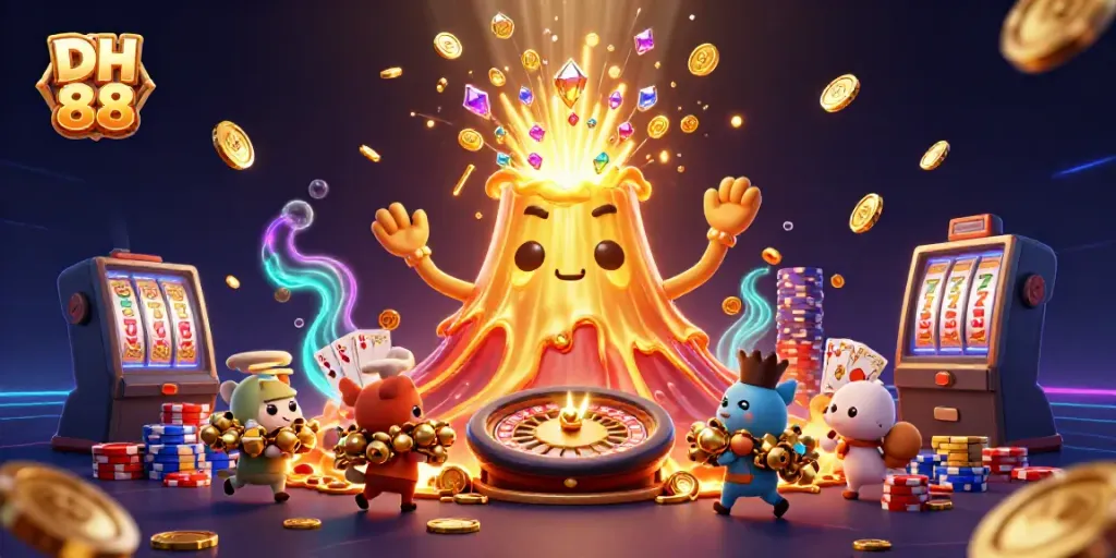 Experience thrilling wins with DH 88 as the golden volcano erupts coins and treasures in a vibrant casino scene.
