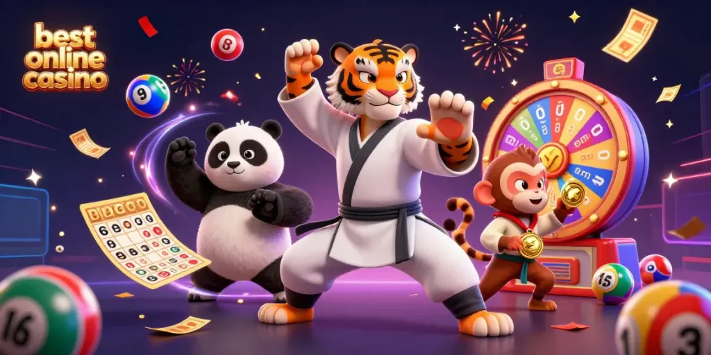 The scene highlights the best online casino Australia environment with a kung fu tiger master, a panda disciple, and a monkey student amid colorful lottery elements.
