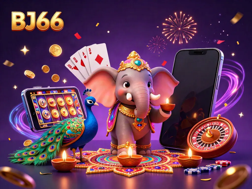 Experience the excitement of BJ66 with colorful game elements and enchanting characters in a vibrant casino scene.