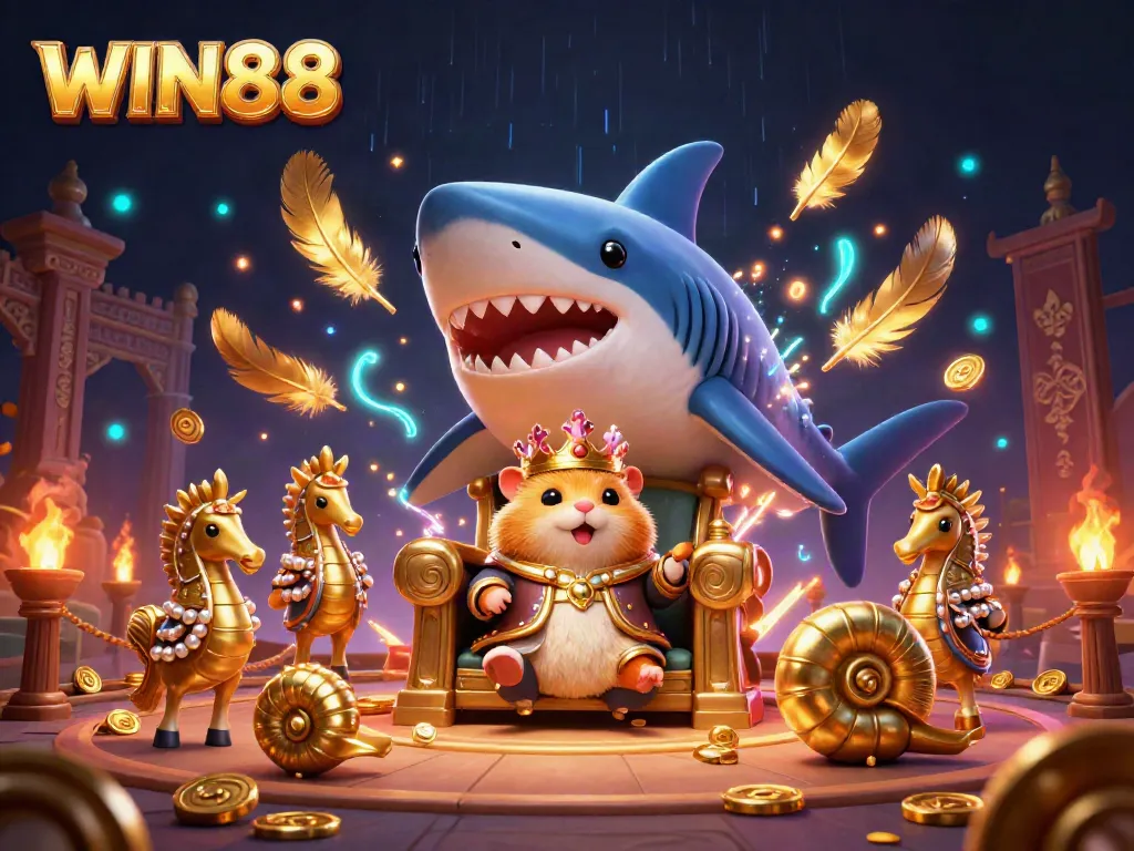 WIN88 showcases an adventurous scene with a golden hamster king, seahorse guards, and vibrant casino elements.