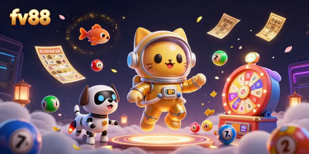 Experience the thrill of fv 88 with vibrant lottery games and dynamic prizes in a colorful 3D digital scene.