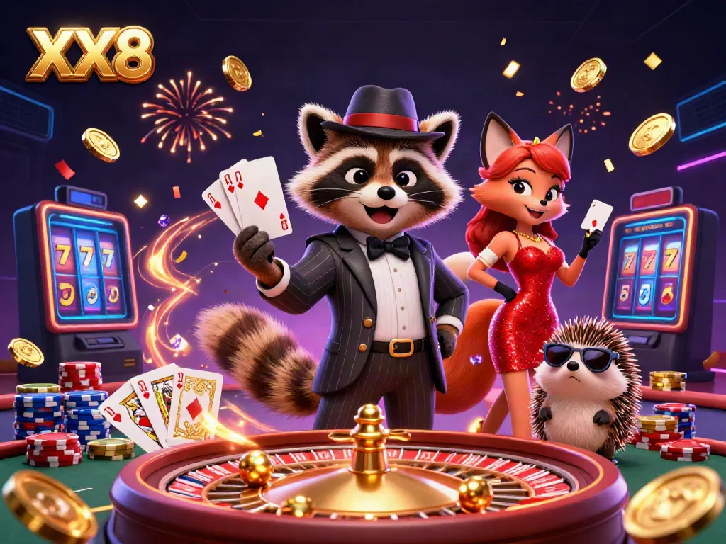 Experience a thrilling casino scene with XX8, featuring raccoon, fox, and hedgehog characters amidst vibrant gaming elements.