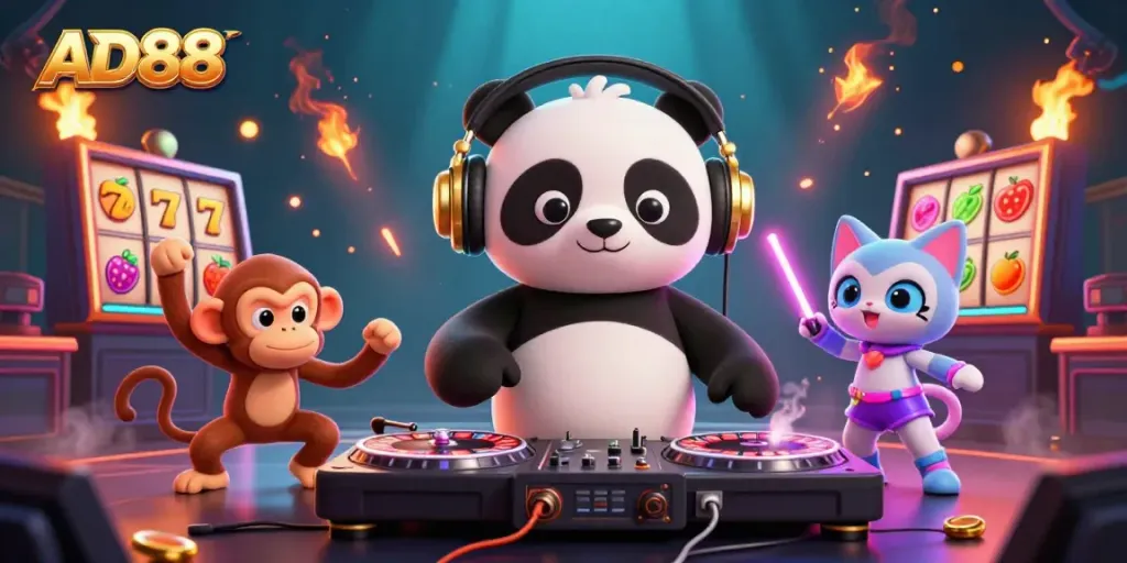 Engage with AD88's dynamic casino atmosphere featuring a DJ panda, breakdancing monkey, and glow-stick kitten.