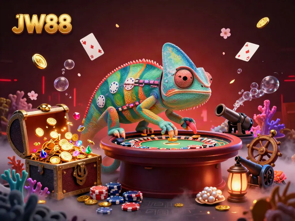 Engage with dynamic gaming at JW88, highlighted by an animated chameleon casino owner and thrilling casino elements.