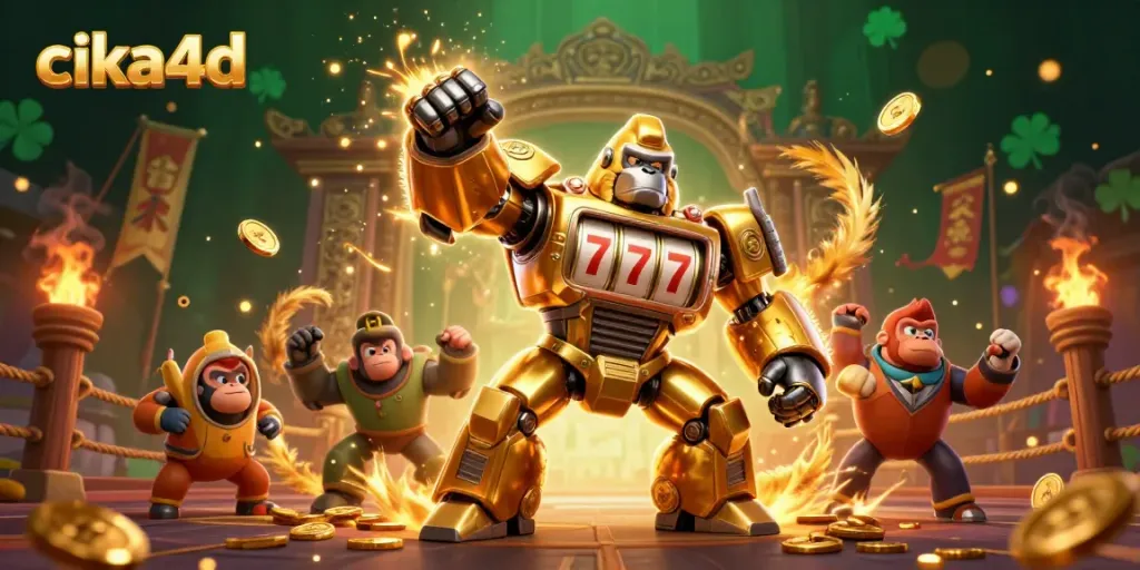 Experience thrilling moments with cika4d as a golden gorilla mech fights in a casino-themed arena.