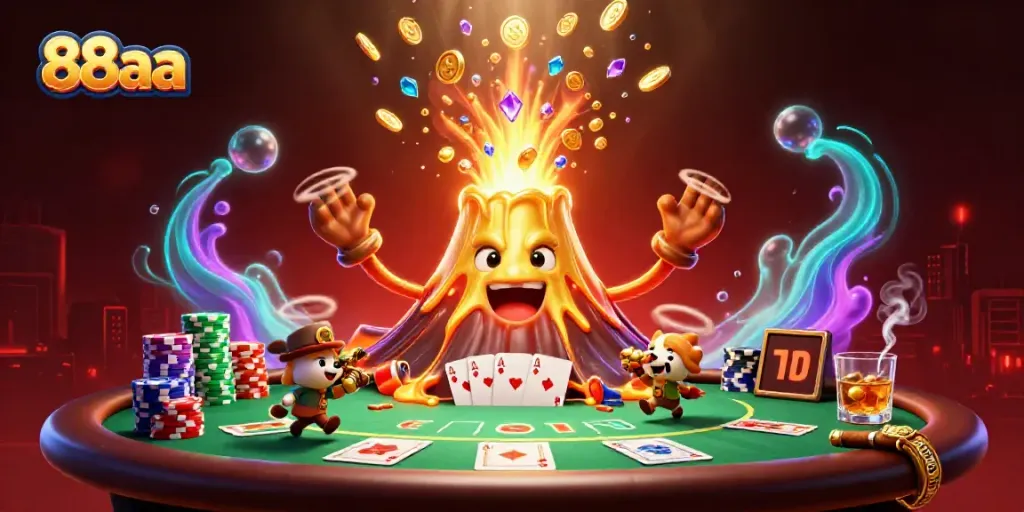 Experience thrilling wins at 88aa with a vibrant illustration of a golden volcano and poker elements.