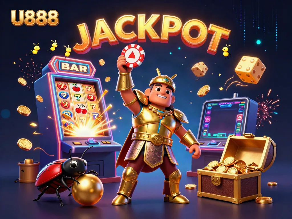 Experience U888's vibrant 3D casino scene with characters celebrating a jackpot win.