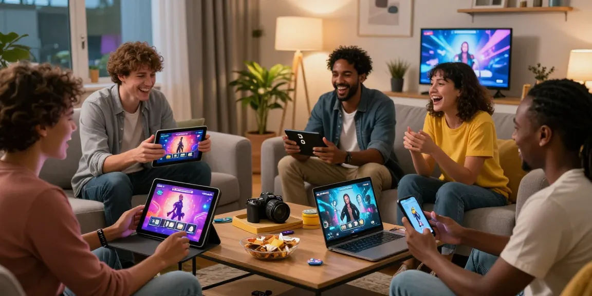 Group enjoying engaging porn games on various devices in a cozy setting.
