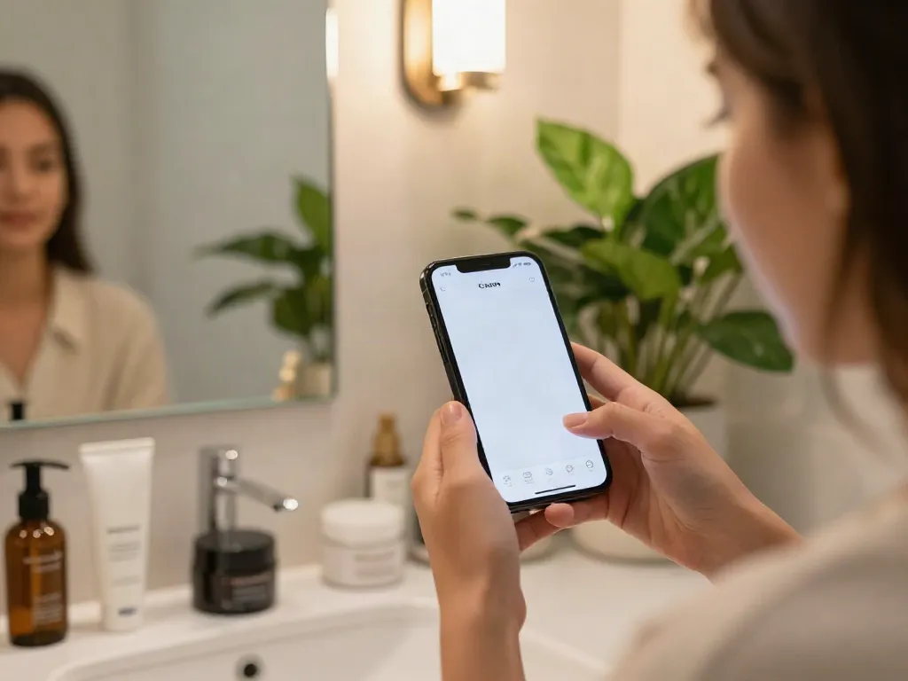 Alternatives to QOVES explored through a modern beauty analysis scene featuring a user engaging with a smartphone app.
