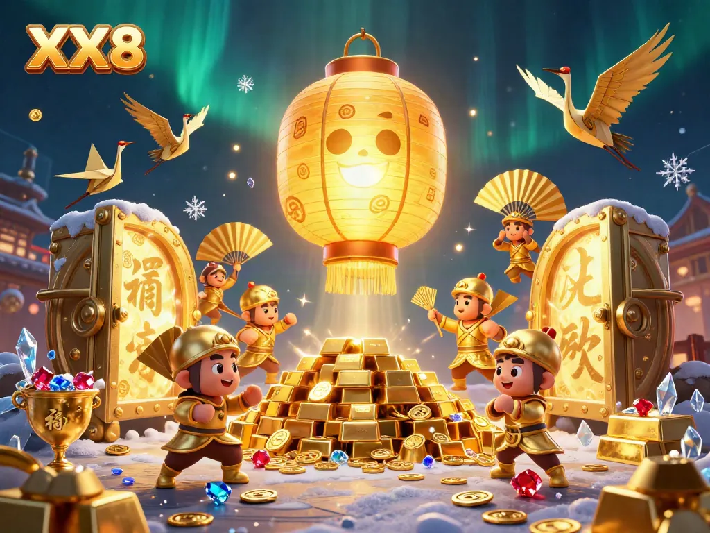 Win big at XX8 in a vibrant casino scene filled with golden treasures and lucky symbols.