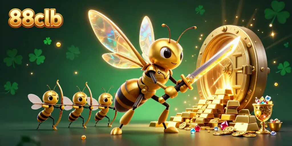 Immerse in 88clb's vibrant 3D casino scene featuring a golden hornet and treasure.