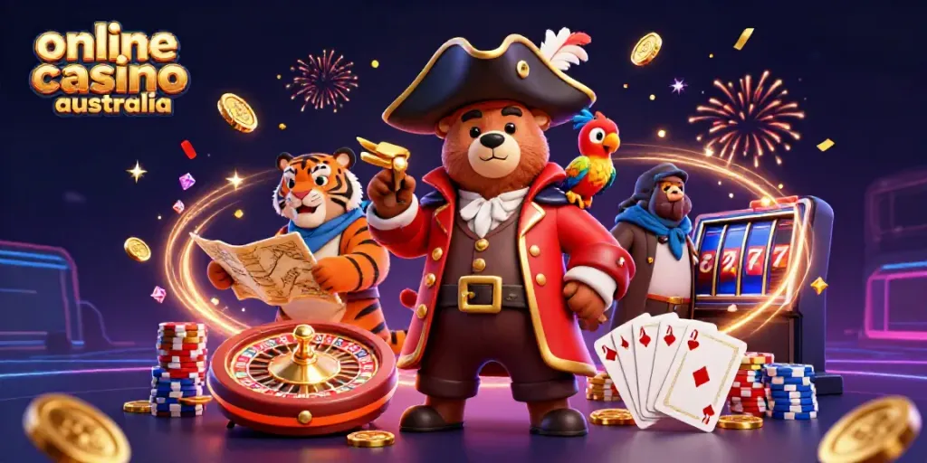 Cascading golden coins and vibrant poker chips surround the cartoon pirate captain bear and tiger at an online casino australia.