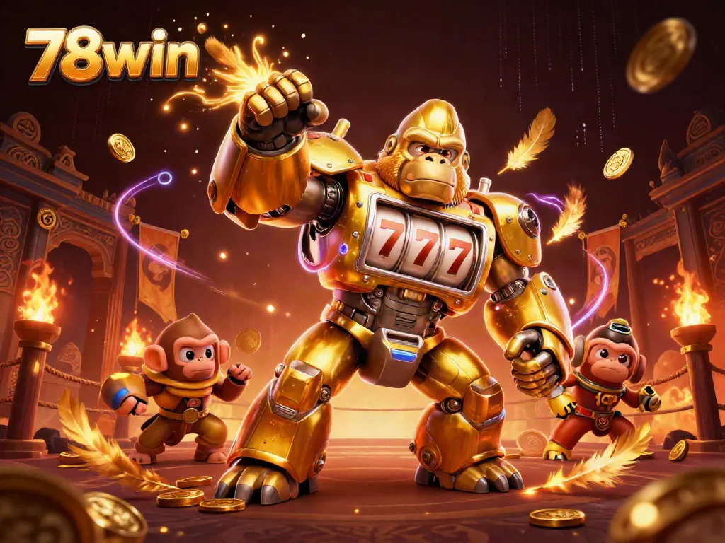 Engage with 78win's thrilling casino experience through a dynamic illustration featuring a golden gorilla mech packed with action.