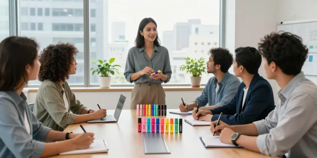 Highlighter manufacturer team collaborating in a bright office, showcasing colorful highlighter pens.