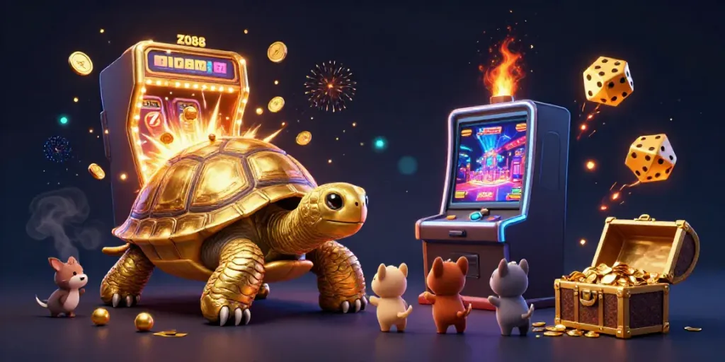 Engage with ZO88's vibrant casino scene featuring a golden tortoise pinball machine and bursting slot machine.