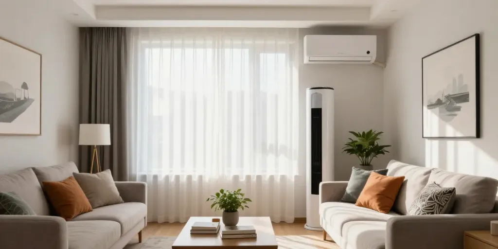 Stylish living room with a mini split AC unit providing energy-efficient cooling.