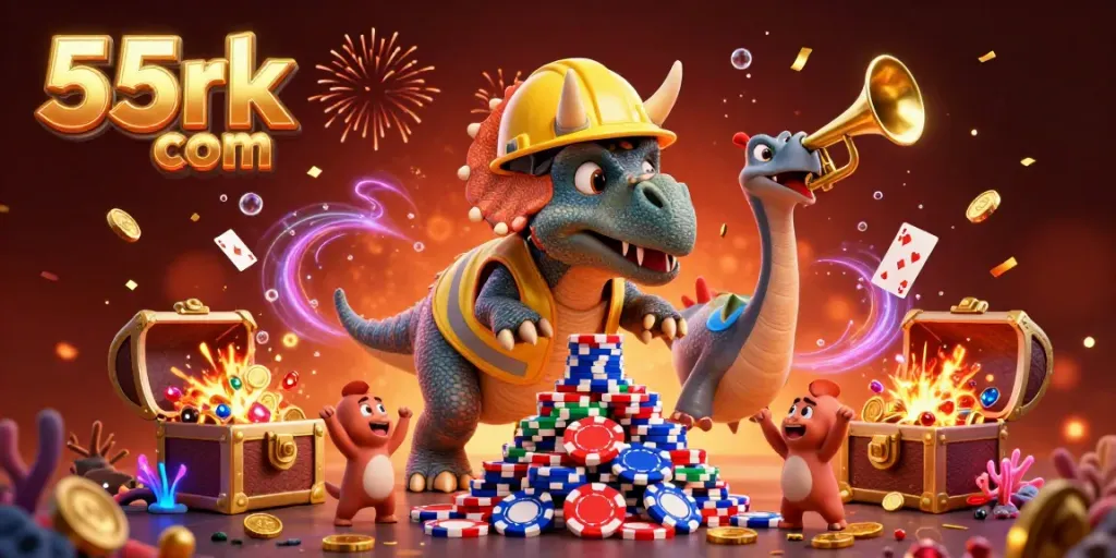 Experience the thrill of 55rk com with a festive celebration, featuring a triceratops stacking poker chips and colorful treasures.