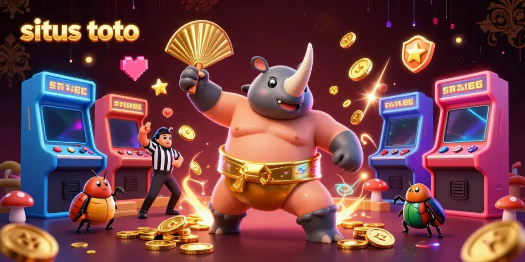 Experience excitement at situs toto with a heroic rhinoceros beetle champion surrounded by animated casino visuals.