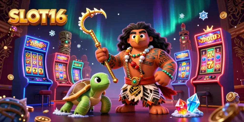 Experience the excitement of SLOT16 with vibrant characters and dynamic casino elements in a colorful jackpot scene.