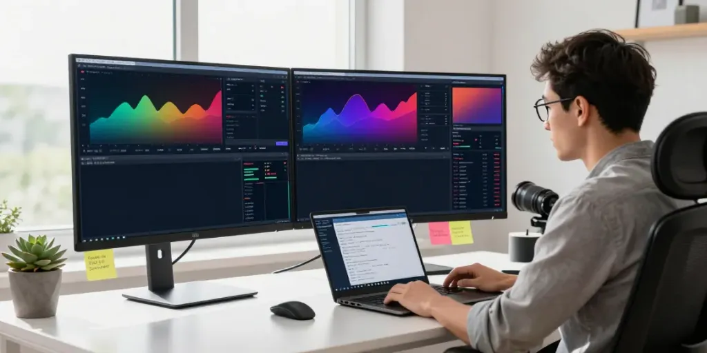 Trader analyzing financial charts on MetaTrader 5 platform with multiple screens in a modern home office.