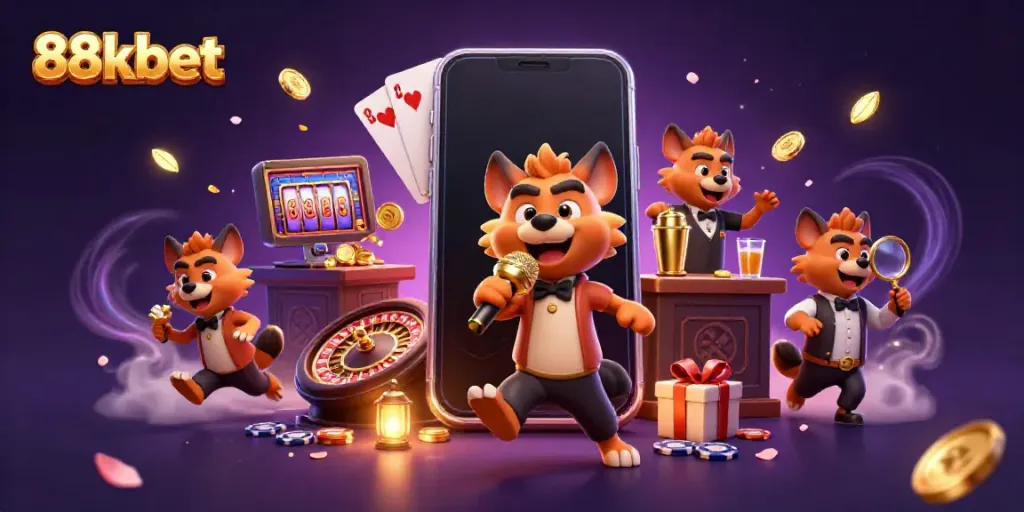 88kbet hyenas perform comedy at a vibrant casino club, featuring dynamic game elements and energetic ambiance.