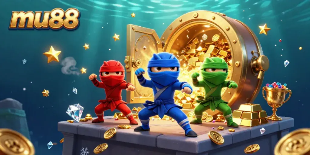 Experience the thrill of mu88 with ninja chameleons amidst golden treasures and vibrant casino elements.