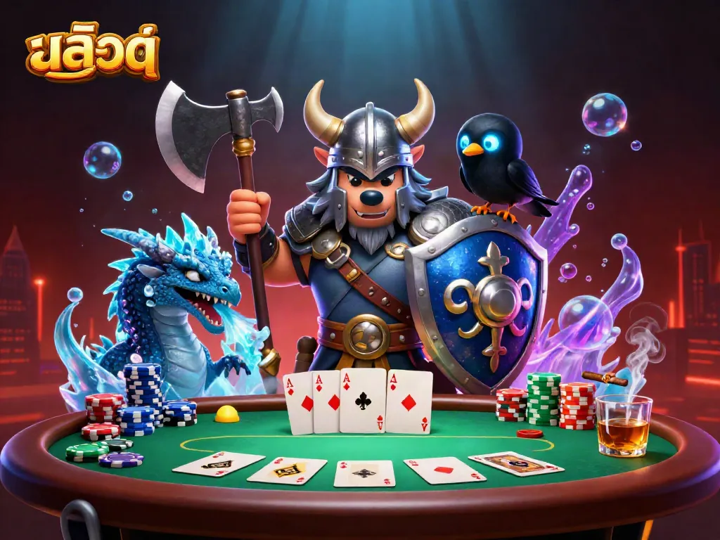 การเล่นเกมคาสิโน สล็อต ในภาพประกอบ 3D แสดงถึงนักรบหมาป่าคล้ายเทพเจ้าพร้อมกับมังกรและอีกา