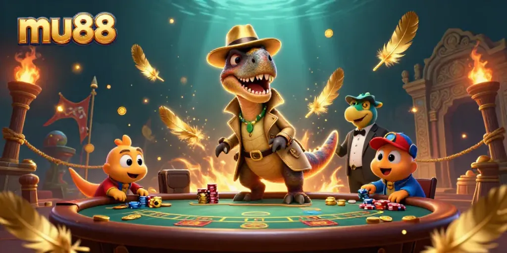 Engaging mu88 casino scene with a card-counter velociraptor at blackjack, creating excitement.