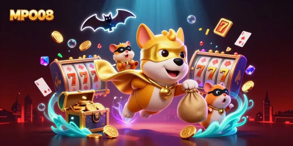 Experience the excitement of MPO08 with a superhero dog and vibrant casino elements.