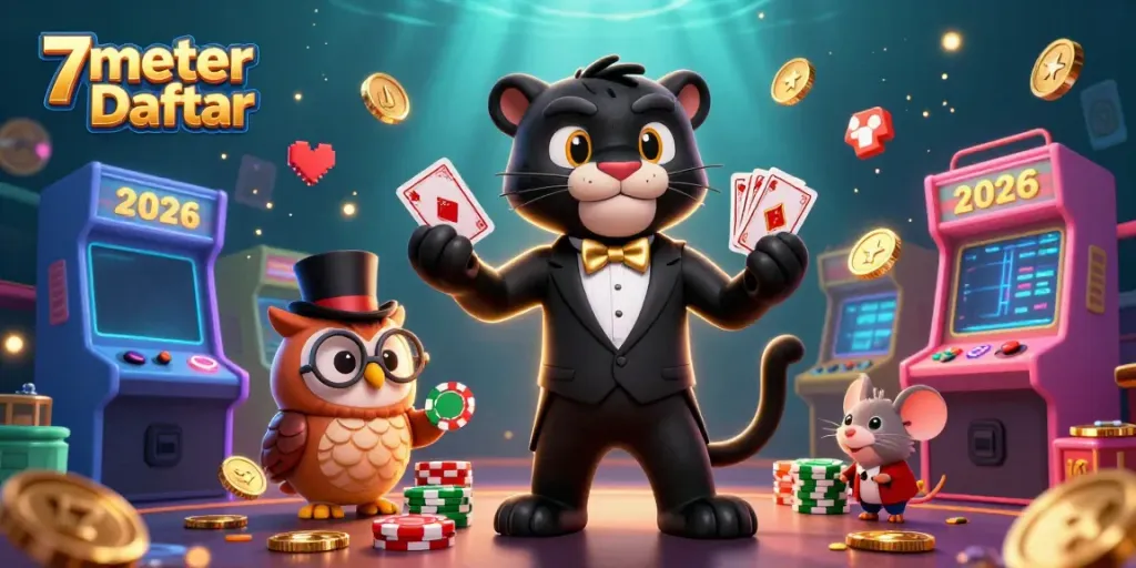 Engage with the excitement of 7meter Daftar at this vibrant casino scene featuring dynamic characters and slots.