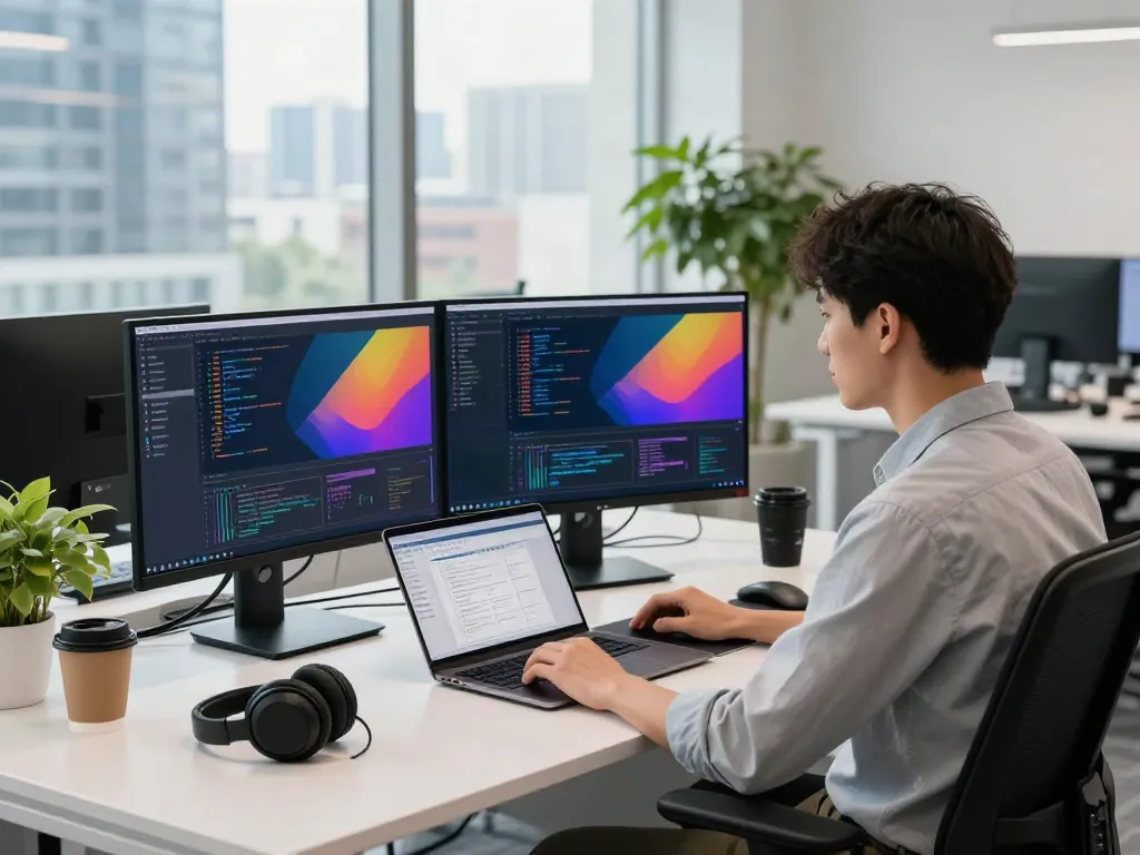 v2rayN官网 - Modern tech workspace with developer coding on dual monitors, showcasing productivity and innovation.