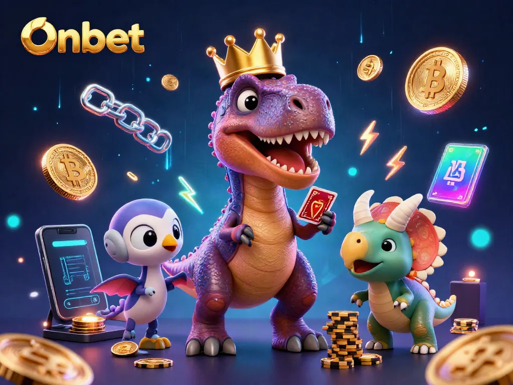 Experience Onbet's vibrant gaming world with a T-Rex shuffling cards and a pterodactyl assisting.