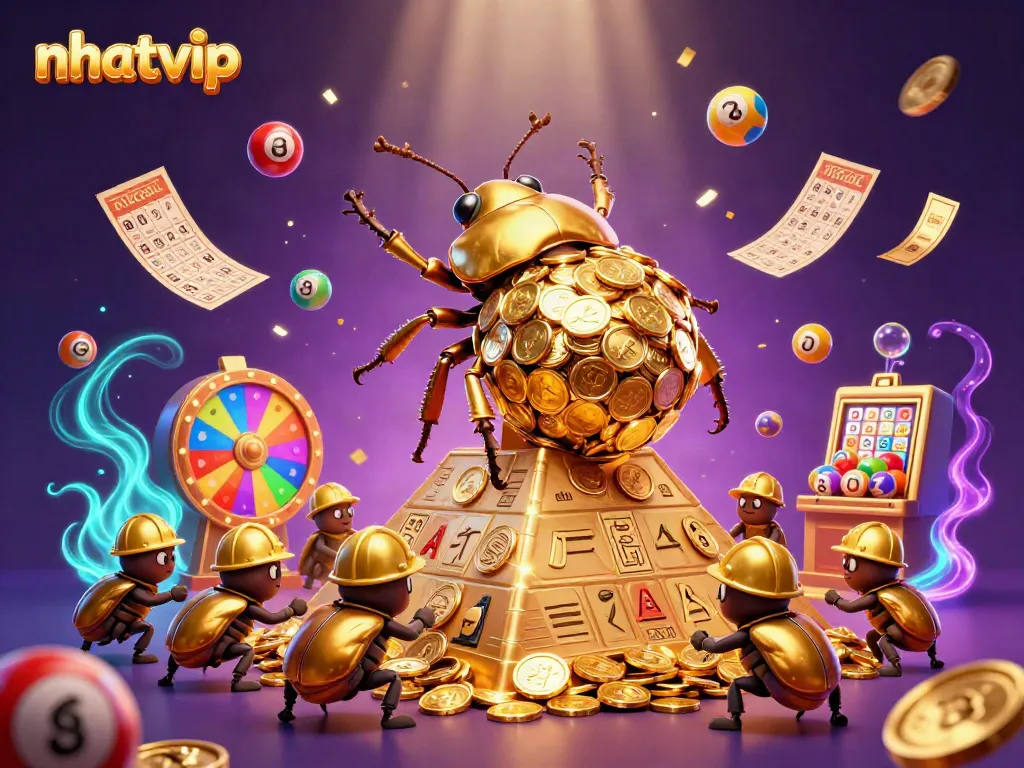 Nhatvip: Explore a vibrant cartoon scene featuring golden dung beetles in a casino-themed setting, rolling coins and lottery elements.