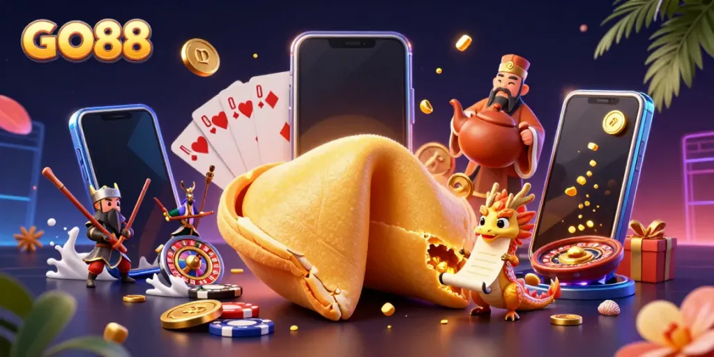 Experience thrilling gameplay with GO88 featuring a golden fortune cookie, dragon, and vibrant casino elements.