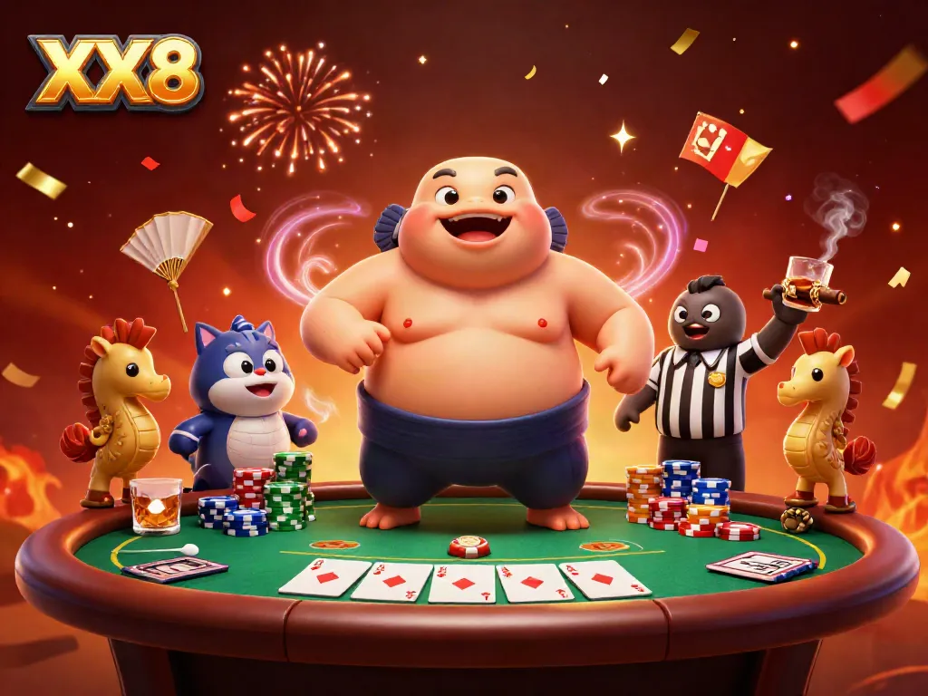 Experience the thrill of XX8 with a sumo fugu facing off at a vibrant underwater poker table.