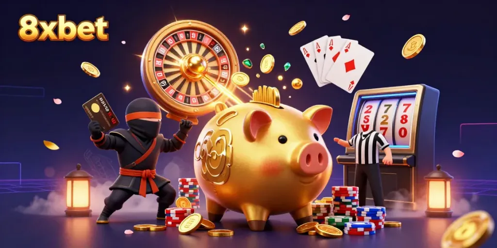 Experience vibrant gaming excitement at 8xbet with golden coins cascading and featuring dynamic characters in a casino atmosphere.