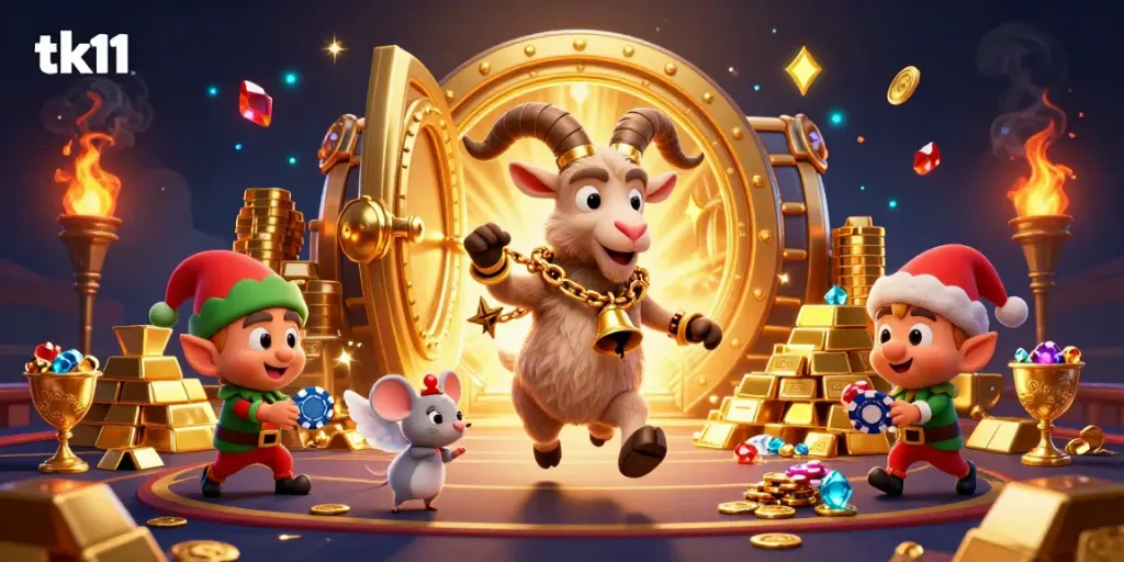 Experience the exhilarating tk11 casino scene featuring Krampus, an angel mouse, and elf gremlins in a vibrant setup.