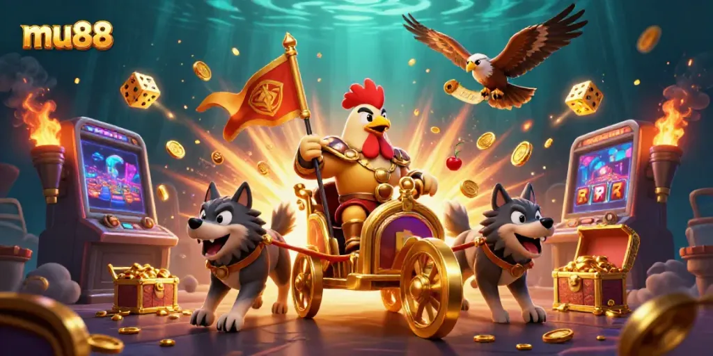 Experience thrilling wins at mu88 with a vibrant 3D illustration of a rooster warlord in a casino adventure.
