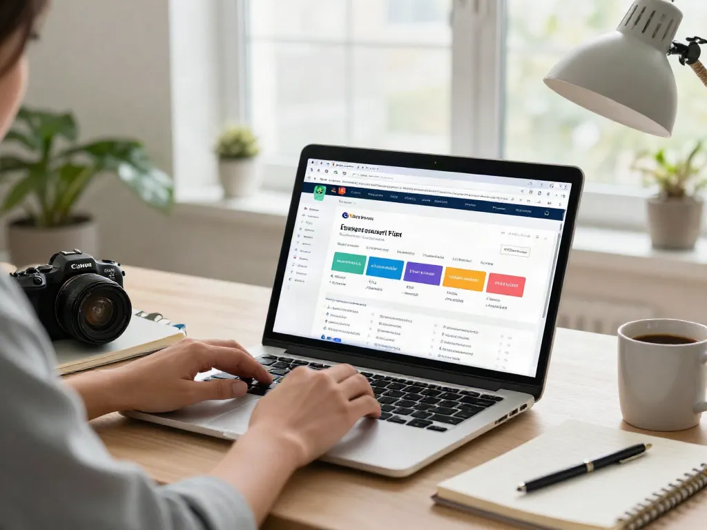 Person organizing 링크모음 in a bright modern workspace with laptop.