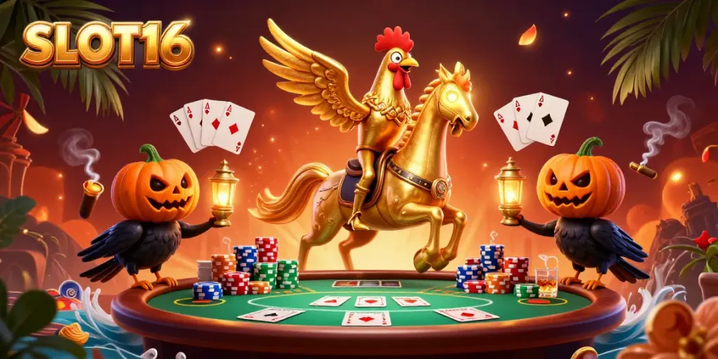 Experience the thrill of SLOT16 with vibrant casino action and unique characters in a dynamic illustration.