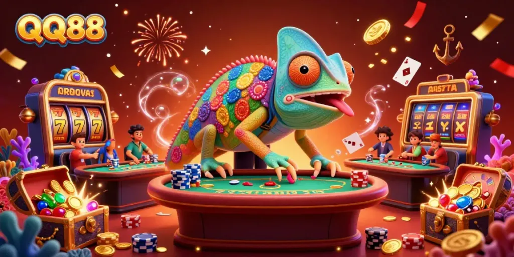 Engaging QQ88 casino scene featuring a colorful chameleon owner and vibrant game elements.