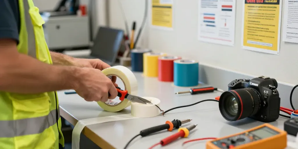 Technician using Link Super33 tape to insulate electrical wires in a professional workshop
