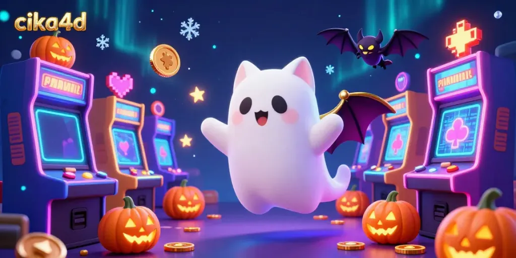 Experience the vibrant world of cika4d, featuring a ghost cat and a bat in a dynamic casino setting with glowing game elements.