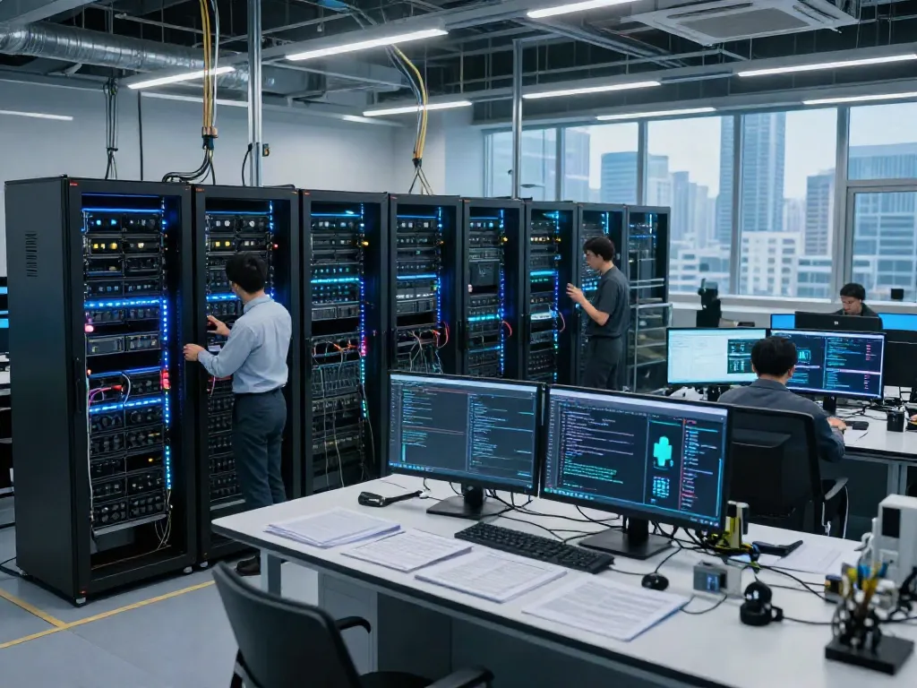 Engineers working in a high-tech AI data center focused on GPU performance and system metrics.