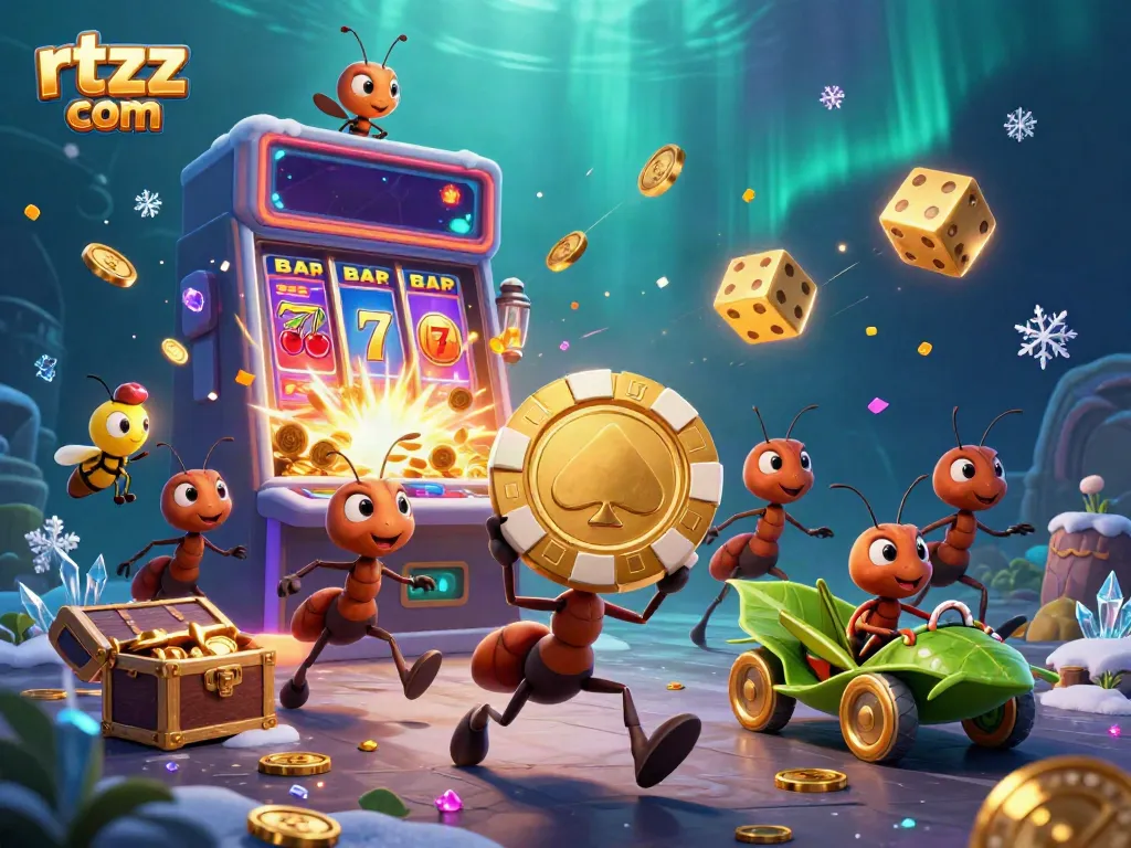Ants pulling a golden poker chip in rtzz com, surrounded by casino elements.