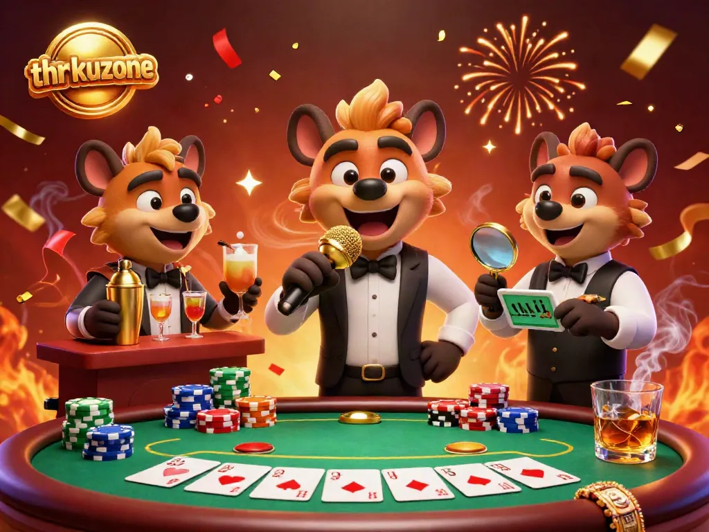 Laugh and win at thrkuzone's vibrant casino, with cartoon hyenas in a comedy club atmosphere.