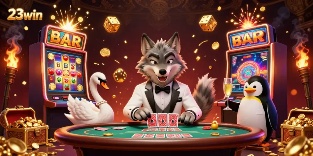Join the excitement at 23win with our animated casino illustration showcasing vibrant gaming action.