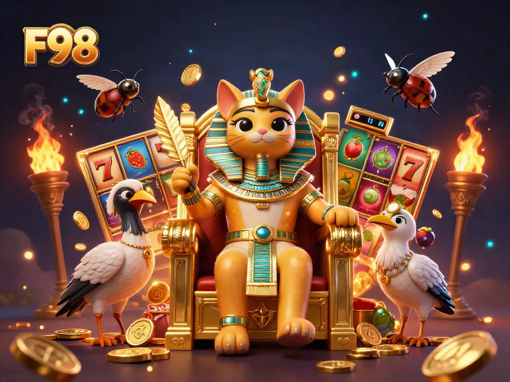 Experience F98 gaming thrills with a pharaoh cat, scribe, and slot elements in vibrant detail.