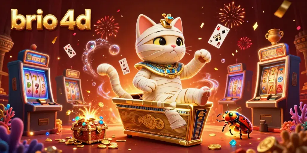 Engage with brio 4d's immersive casino experience featuring a vibrant mummy cat and gold-filled treasures.